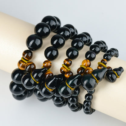 Natural Double Color Eye Obsidian Gourd Bracelet - Buddha Beads for Spiritual Protection & Fortune