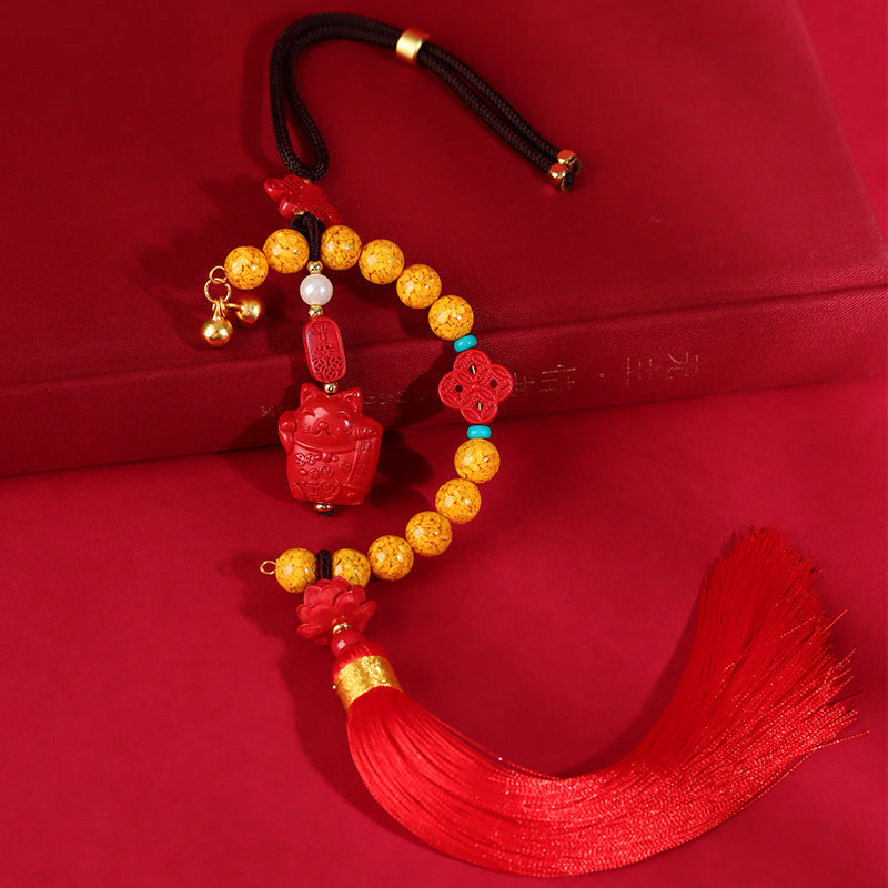 Natural Cinnabar Lucky Cat Car Hanging Ornament - Feng Shui Protection & Wealth Attraction