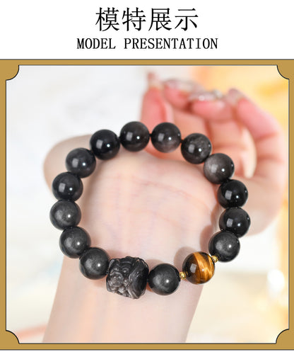Natural Obsidian Lion Awakening Bracelet | Chinese Style Unisex Protection Talisman