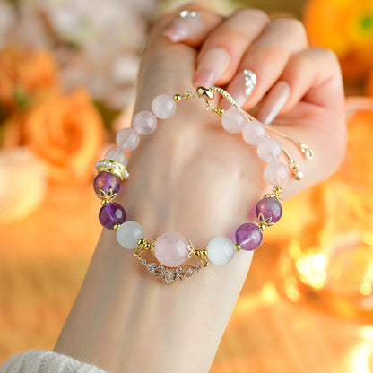 Cancer Zodiac Crystal Bracelet with Natural Rose Quartz, Amethyst & Aquamarine | Emotional Healing Stone Jewelry