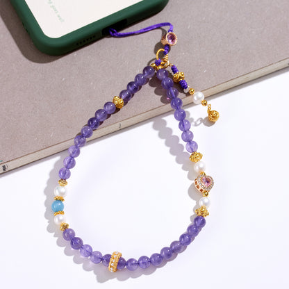 Natural Amethyst Pearl Phone Chain - Chinese Style Feng Shui Pendant for Protection and Luck