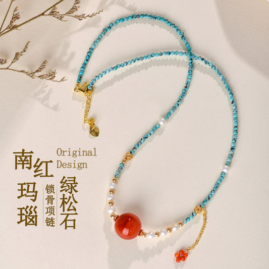 Natural Turquoise and Red Agate Collarbone Chain - Women's Spiritual Protection Necklace