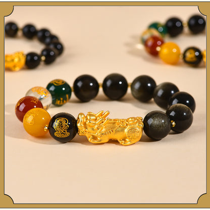 Natural Ice Obsidian Five-Way Wealth God Pixiu Bracelet for Zodiac Year Fortune