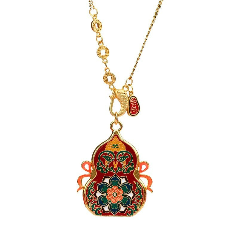 Gold-plated Cloisonné Seven Treasures Lotus Gourd Pendant Necklace | Wealth & Protection Amulet