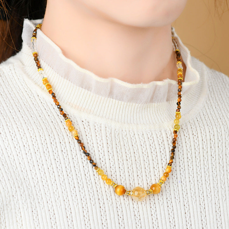 Natural Yellow Tower Crystal & Tiger Eye Three-Circle Necklace Bracelet for Women | Wealth & Protection Talisman