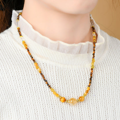 Natural Yellow Tower Crystal & Tiger Eye Three-Circle Necklace Bracelet for Women | Wealth & Protection Talisman