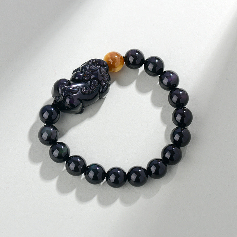 Natural Rainbow Eye Obsidian Pixiu Bracelet - Wealth and Protection Talisman for Couples