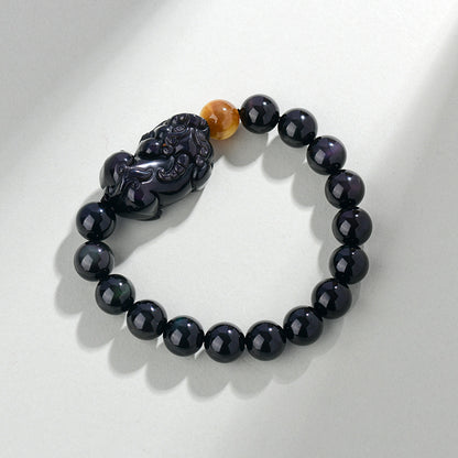 Natural Rainbow Eye Obsidian Pixiu Bracelet - Wealth and Protection Talisman for Couples