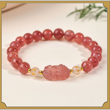 Natural Strawberry Quartz Obsidian Couple Pixiu Bracelet - Wealth and Love Talisman