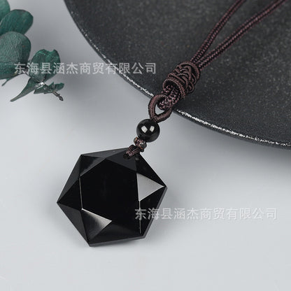 Natural Obsidian Hexagram Pendant - Spiritual Protection Amulet for Men & Women
