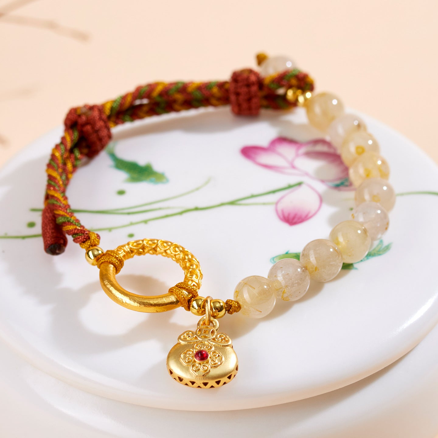 Golden Rutilated Quartz Braided Bracelet | Wealth & Luck Amulet in Chinese Style