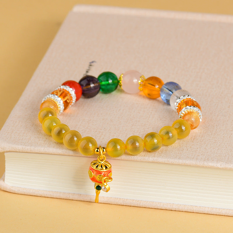 Sweet Heart Agate Five Directions Wealth God Bracelet with Heart Sutra Crystal Beads