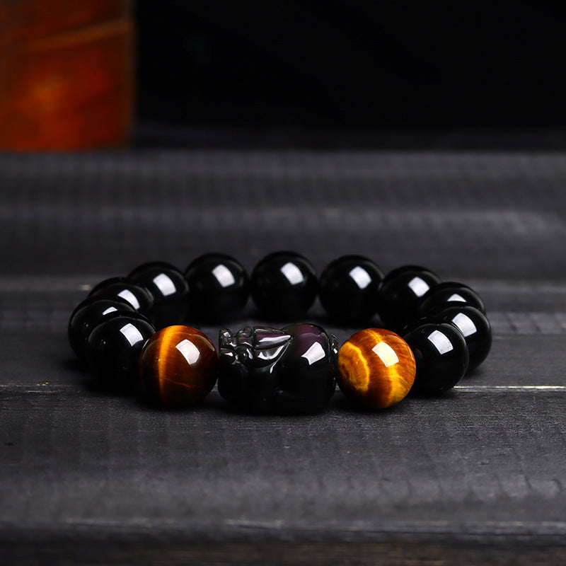 Natural Crystal Obsidian Pixiu Tiger Eye Bracelet - Ethnic Unisex Couple Spiritual Jewelry