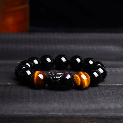 Natural Crystal Obsidian Pixiu Tiger Eye Bracelet - Ethnic Unisex Couple Spiritual Jewelry