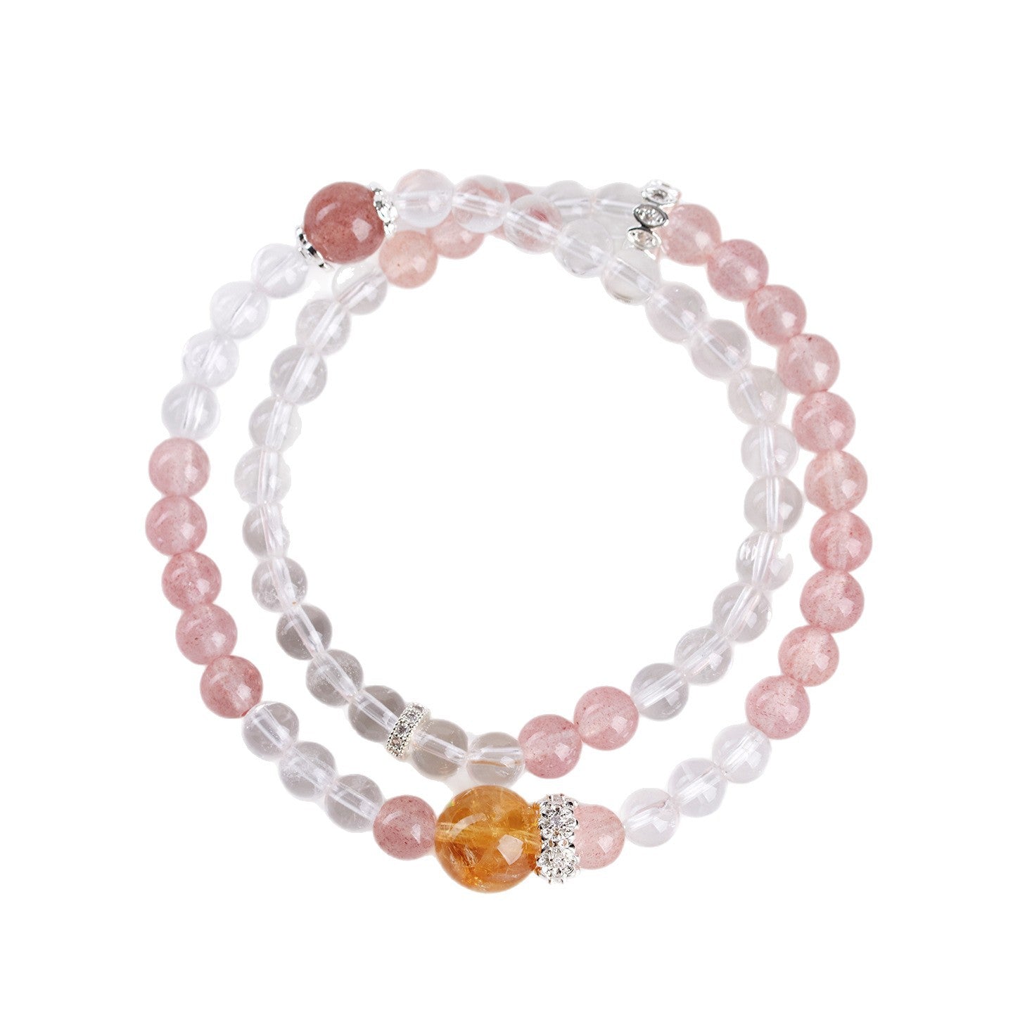 Strawberry Crystal & White Crystal Double Circle Bracelet - Peach Pink Love Charm for Women