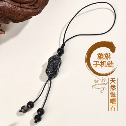 Natural Silver Obsidian Pixiu Phone Chain - Handmade Wealth Attraction Pendant