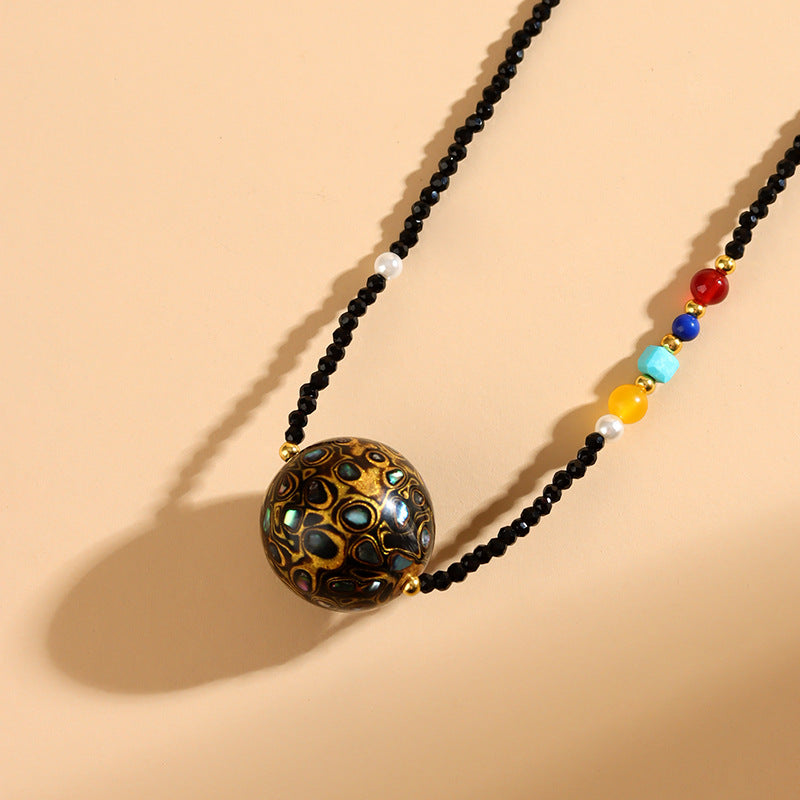 Mother-of-Pearl Lacquer Bead Black Spinel Collarbone Necklace | Intangible Heritage Craft Elegance