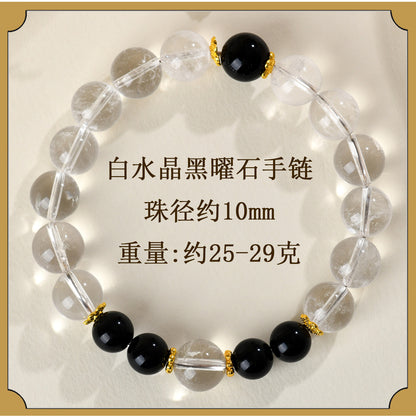 Natural Crystal Energy Bracelet with White Crystal, Obsidian, Strawberry Quartz, and Aquamarine | Spiritual Harmony & Protection