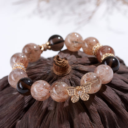 Natural Black Gold Super Obsidian Butterfly Bracelet with Large Round Beads for Women's Protection