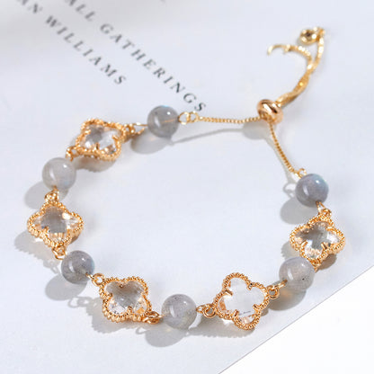 Natural Labradorite Four-Leaf Clover Bracelet | Lucky Charm & Spiritual Protection for Women