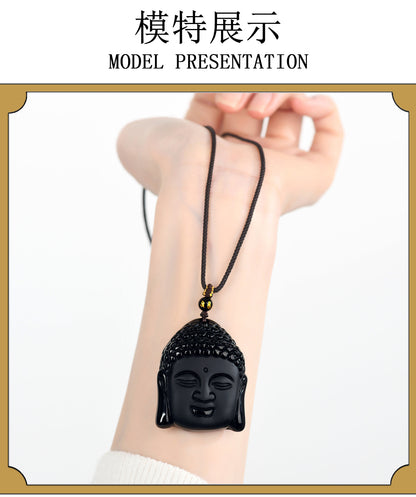 Natural Matte Obsidian Shakyamuni Buddha Head Pendant - Spiritual Protection Amulet