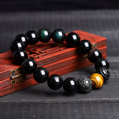 Natural Obsidian Gold-Swallowing Pixiu Double Color Tiger Eye Stone Bracelet for Wealth & Protection