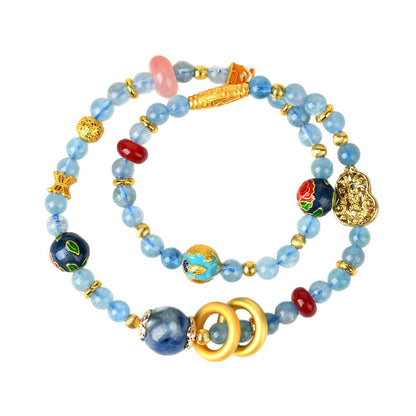 Natural Aquamarine Kyanite Double Circle Bracelet with Southern Red Agate Peace Buckle - Women's Spiritual Elegance