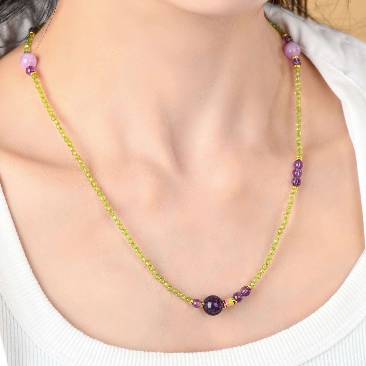 Natural Peridot Amethyst Collarbone Necklace - S925 Silver Spiritual Energy Jewelry