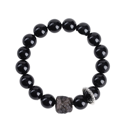 Natural Obsidian Lion Dance Bracelet - Chinese Style Unisex Couple Protection Amulet