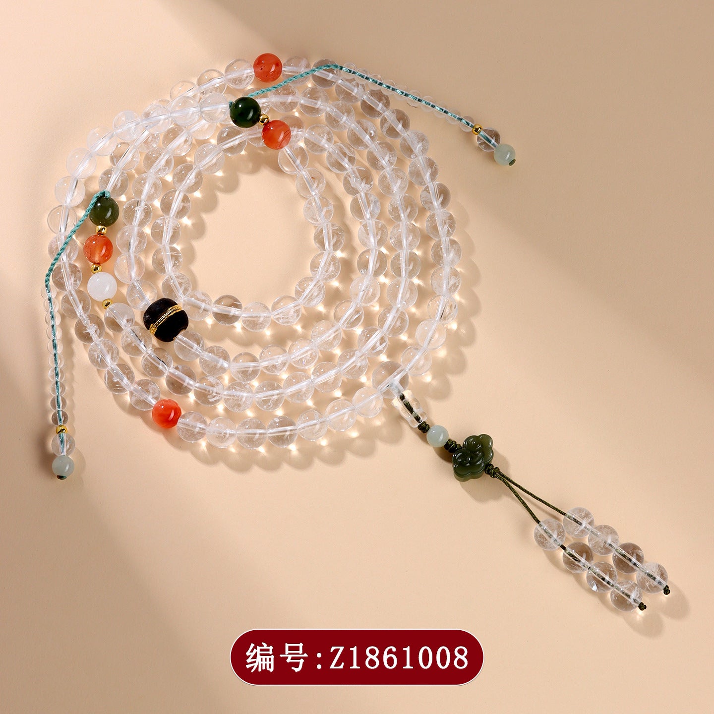 Natural White Crystal 108-Bead Bracelet with Hetian Jade & Red Agate | Buddhist Spiritual Jewelry