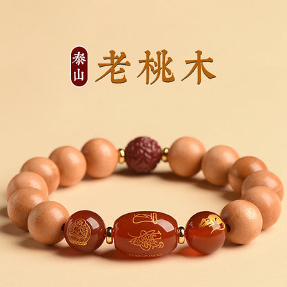 Ancient Peach Wood Cinnabar Zodiac Buddha Protection Bracelet for Harmony