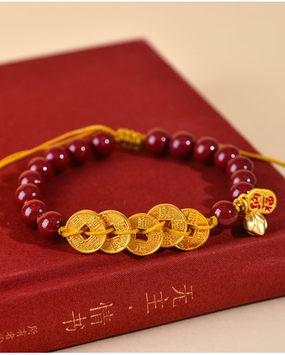 Natural Purple Gold Cinnabar Five Emperors Coin Braided Bracelet - Chinese Spiritual Protection Jewelry