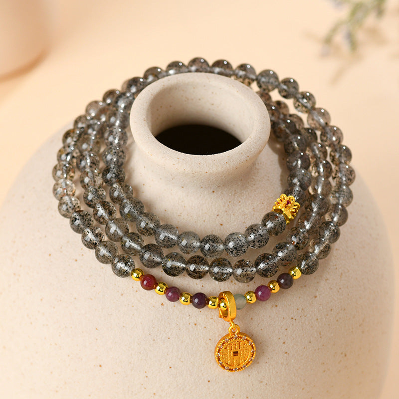 Natural Black Strawberry Quartz Tourmaline Three-Circle Bracelet | Mystical Protection & Harmony