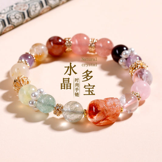 Natural Red Gum Flower Pixiu Crystal Multi-Gem Bracelet - Wealth & Protection Charm for Women