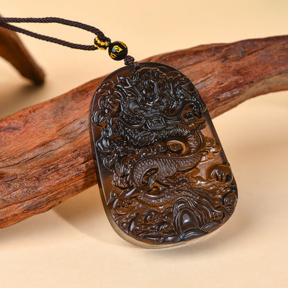 Natural Obsidian S Dragon Pendant - Zodiac Year Charm for Protection and Prosperity