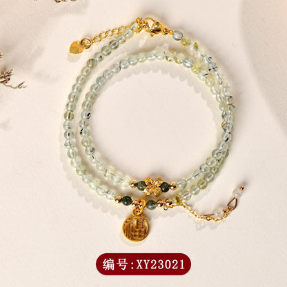 Natural Green Rutilated Quartz Fortune Bracelet | Double Circle Tassel Design for Women