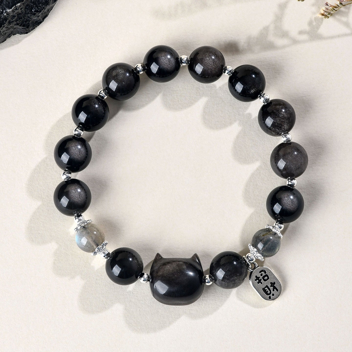 Silver Obsidian Faceless Cat Moonlight Bracelet | Chinese Style Women's Protection Jewelry