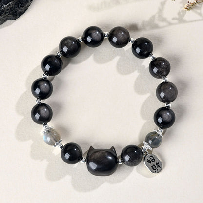 Silver Obsidian Faceless Cat Moonlight Bracelet | Chinese Style Women's Protection Jewelry