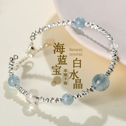 Natural Aquamarine White Crystal Fragment Silver Bracelet | Protection Elegance Women's Spiritual Jewelry