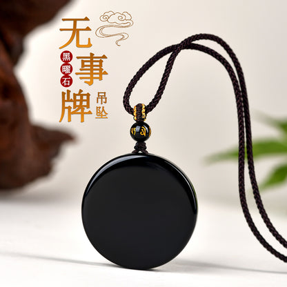 Natural Obsidian Round Pendant Necklace for Zodiac Year Protection and Peace