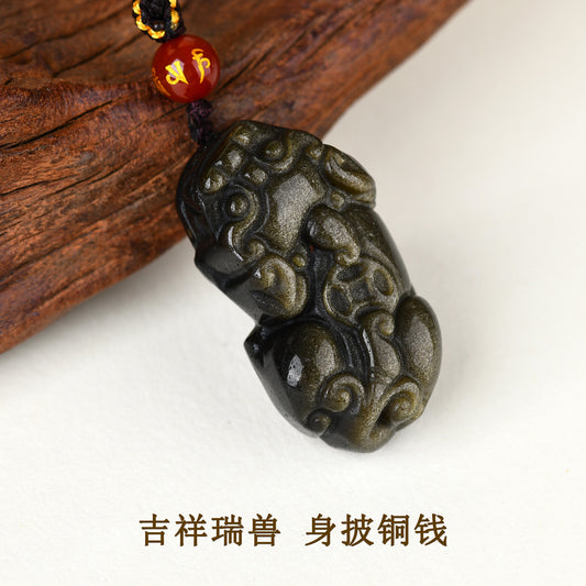 Natural Black Obsidian Pixiu Pendant with Copper Coin and Ruyi Carving - Wealth and Protection Amulet