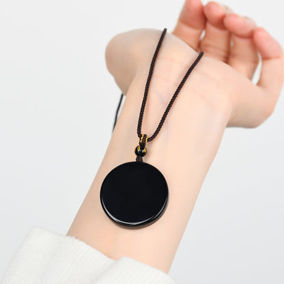 Natural Obsidian Round Pendant Necklace for Zodiac Year Protection and Peace