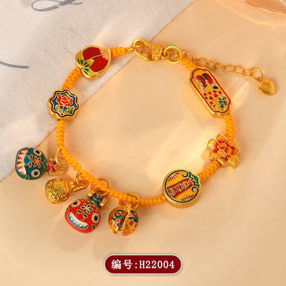 Gold-Plated Blue Enamel Gold-Swallowing Beast Family of Three Five-Way God of Wealth Hand-Woven Bracelet