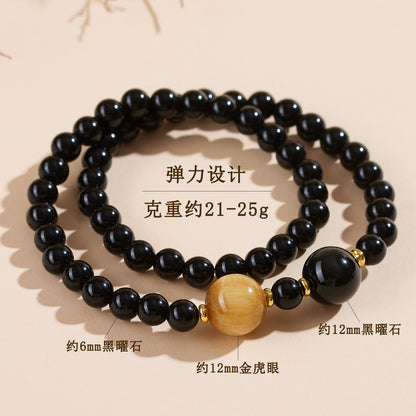 Natural Obsidian Gold Tiger Eye Double Circle Buddhist Bead Bracelet | Protection Wealth Spiritual Amulet